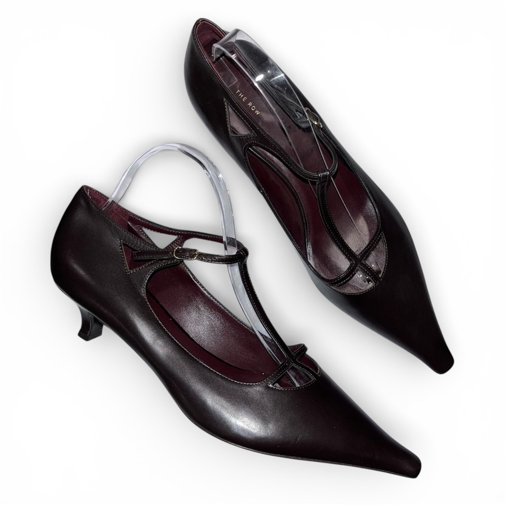 The Row Cyd Brown Calfskin Mary Jane T-Strap Kitten Heel Pumps EU 41 Pointed Toe
